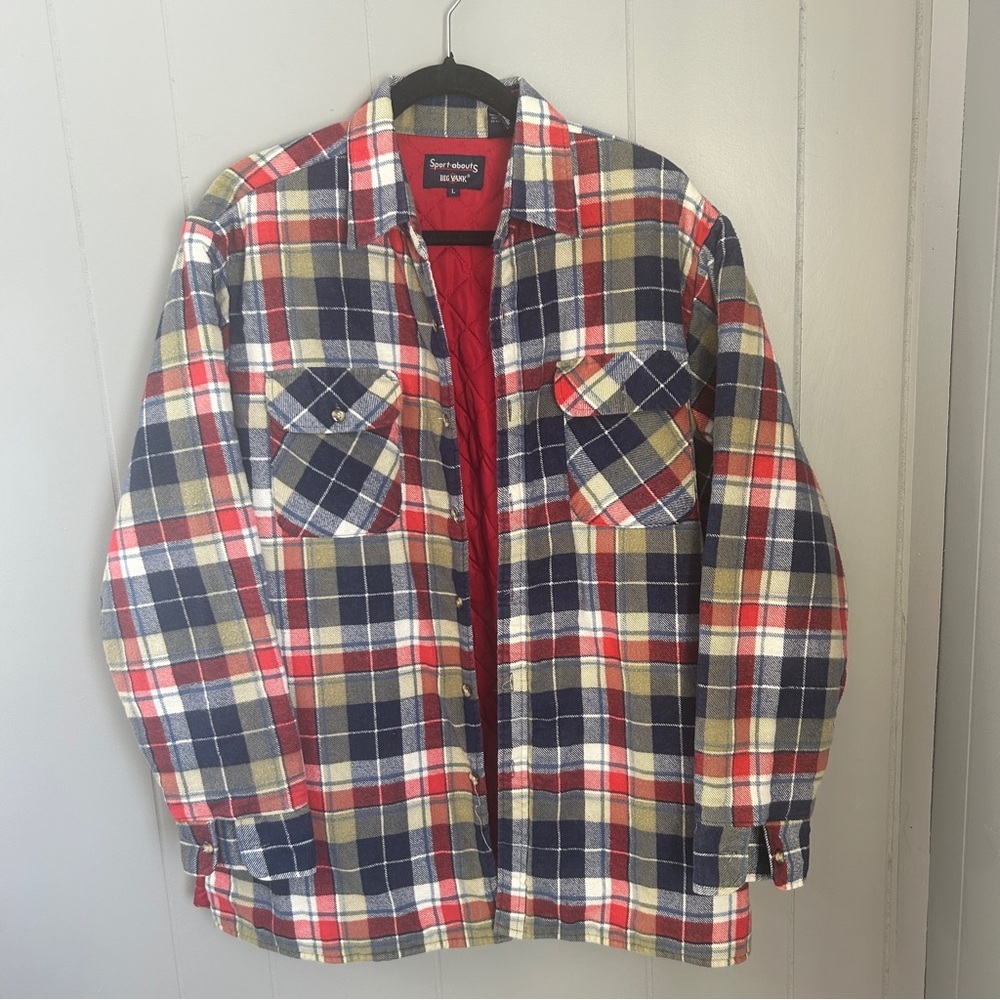 Vintage Button Up Flannel Shacket With Quilted Lining Red and Navy Size Large